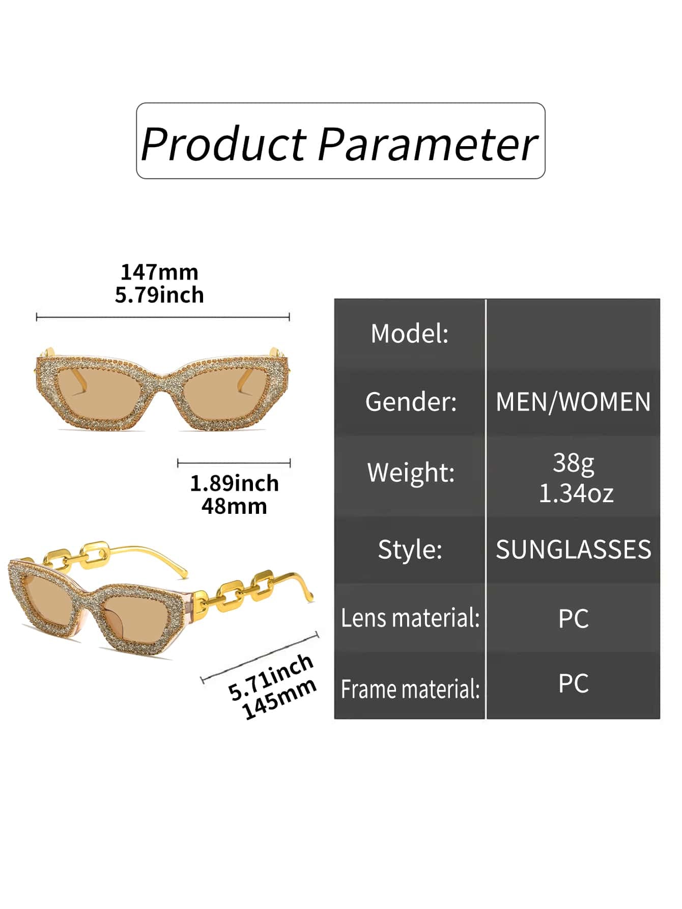 1Pc Gold-Plated Women'S Cat Eye Sunglasses with Rhinestone for Outdoors, Traveling, and Sun Protection